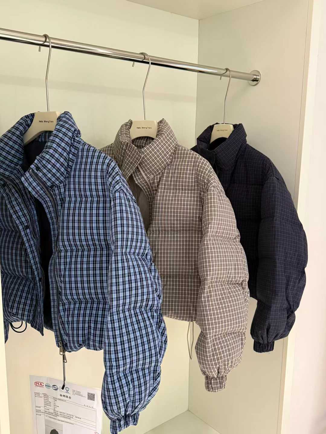 HELLO 格纹短款羽绒服 90鸭绒 格纹立领 灯笼袖